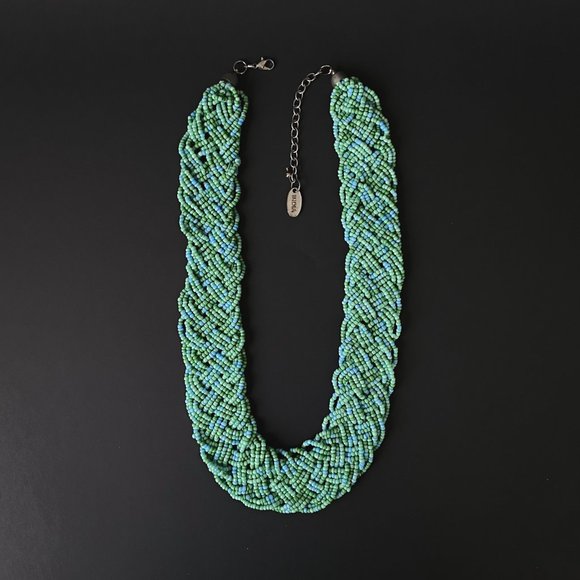 Tanjore India SignedTurquoise Blue Green Woven Seed Bead Collar Bib Necklace - Picture 3 of 12